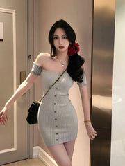 Woman Dress for Women 2025 Vestidos De Mujer Fashion Slash Neck Tunic Robe Femme Ruffles Bodycon Knitted Button Summer Dresses