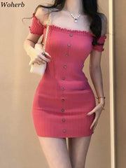 Woman Dress for Women 2025 Vestidos De Mujer Fashion Slash Neck Tunic Robe Femme Ruffles Bodycon Knitted Button Summer Dresses