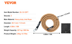 VEVOR Gym Climbing Rope 10 ft Length Gym Fitness Training Rope Gym Exercise Workout Rope for Adults, Climbing Rope for Fitness