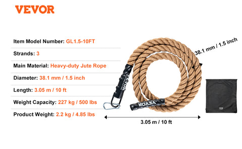 VEVOR Gym Climbing Rope 10 ft Length Gym Fitness Training Rope Gym Exercise Workout Rope for Adults, Climbing Rope for Fitness