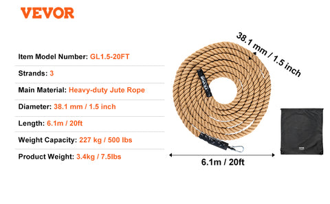 VEVOR Gym Climbing Rope 10 ft Length Gym Fitness Training Rope Gym Exercise Workout Rope for Adults, Climbing Rope for Fitness